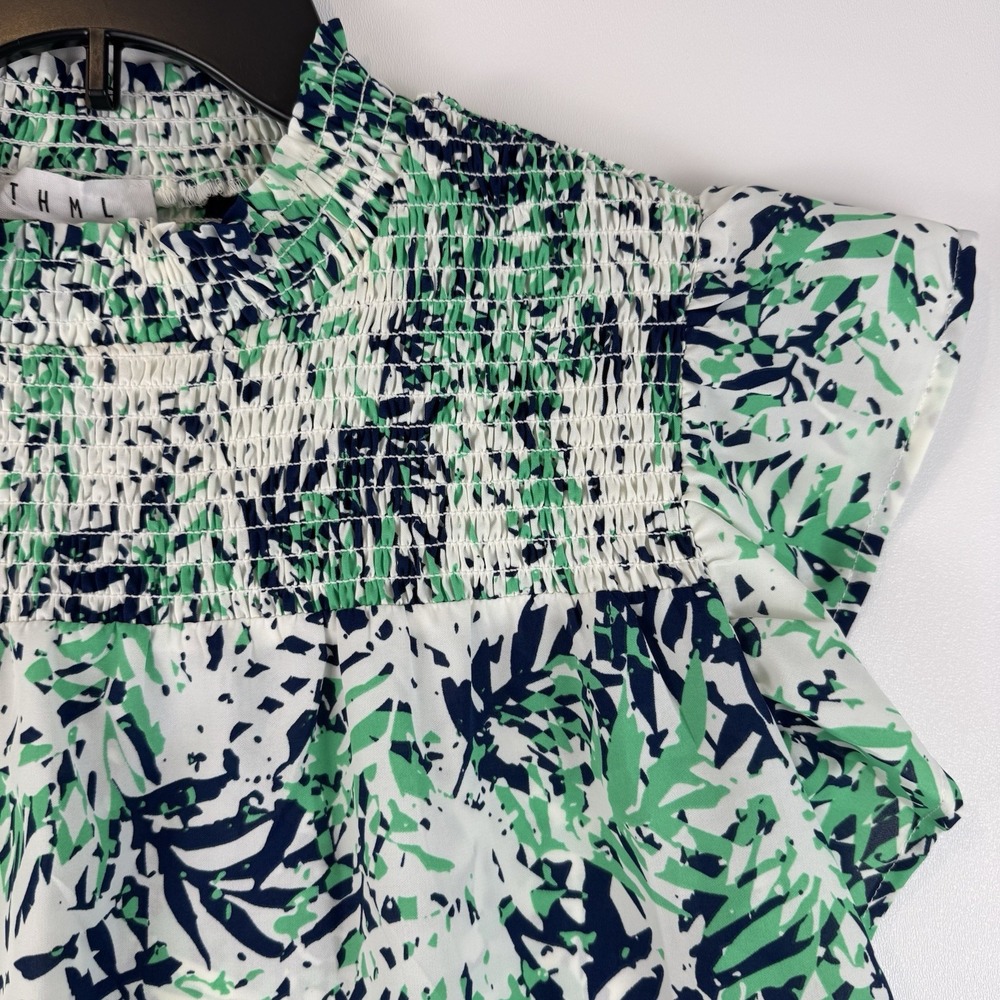 THML Womens Tropical Palm Print Smocked Mock Neck Ruffle Sleeve Top Green XS